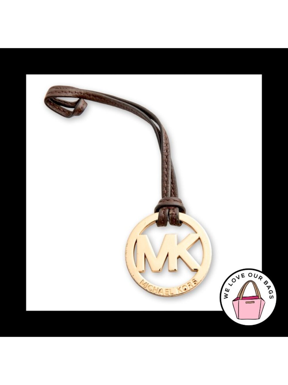 MICHAEL KORS Gold Brass Brown Leather Strap Bag Charm Hang Tag Keychain Fob